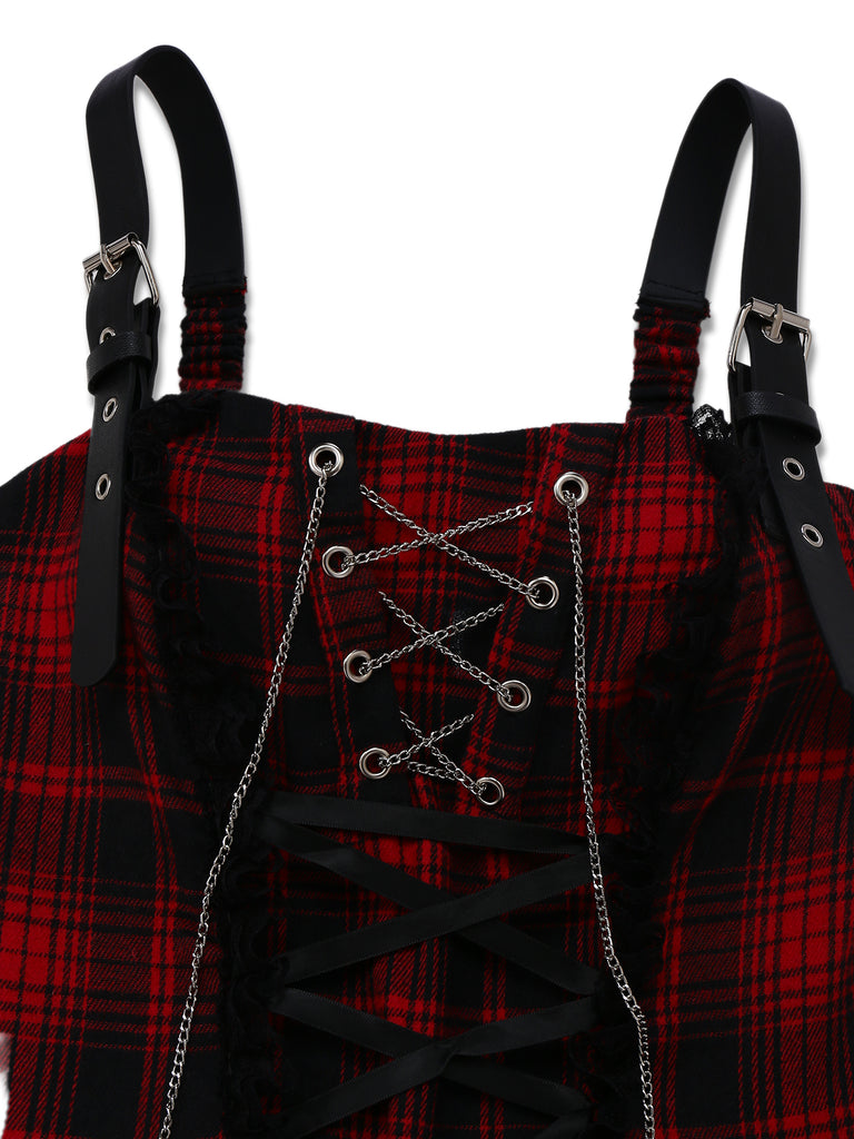 Gothic Y2k Punk Plaid Lace Double Ruffle Lolita Mini Dress Wine Red