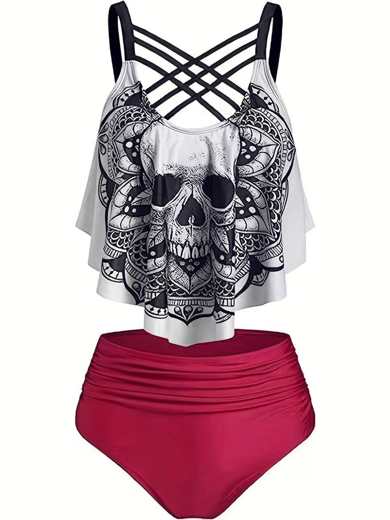 She's wearing Red 1980s Gothic Skull Front Cross Ruffle Swimsuit and the whole beach remembers the 1980s