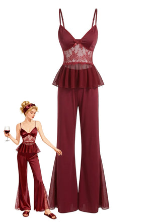 Red 1980s Lace Camisole and Flare Leg Pajama Set - vintage fashion, retro style, elegant red