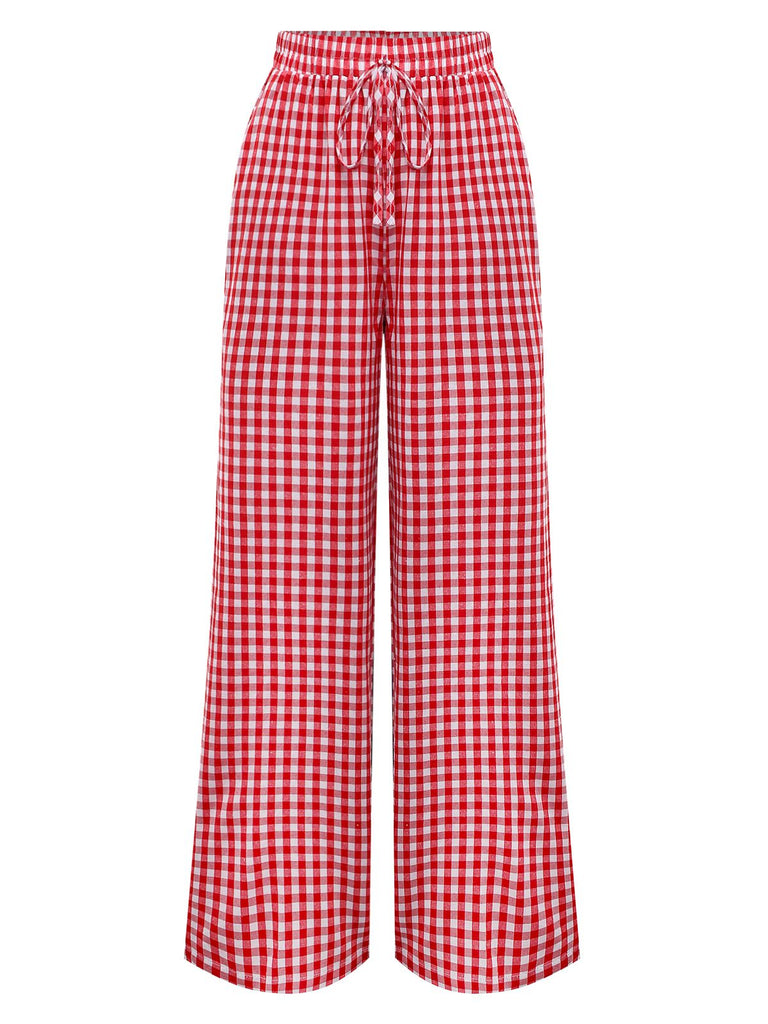 Red 1980s Plaid Casual Style Palazzo Pants - vintage fashion, retro style, elegant red