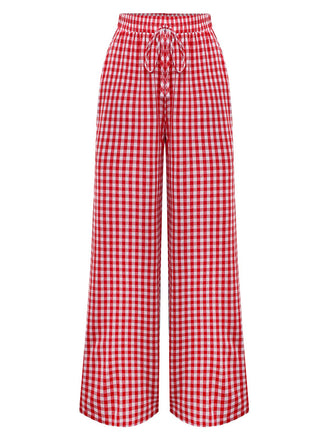 Red 1980s Plaid Casual Style Palazzo Pants - vintage fashion, retro style, elegant red