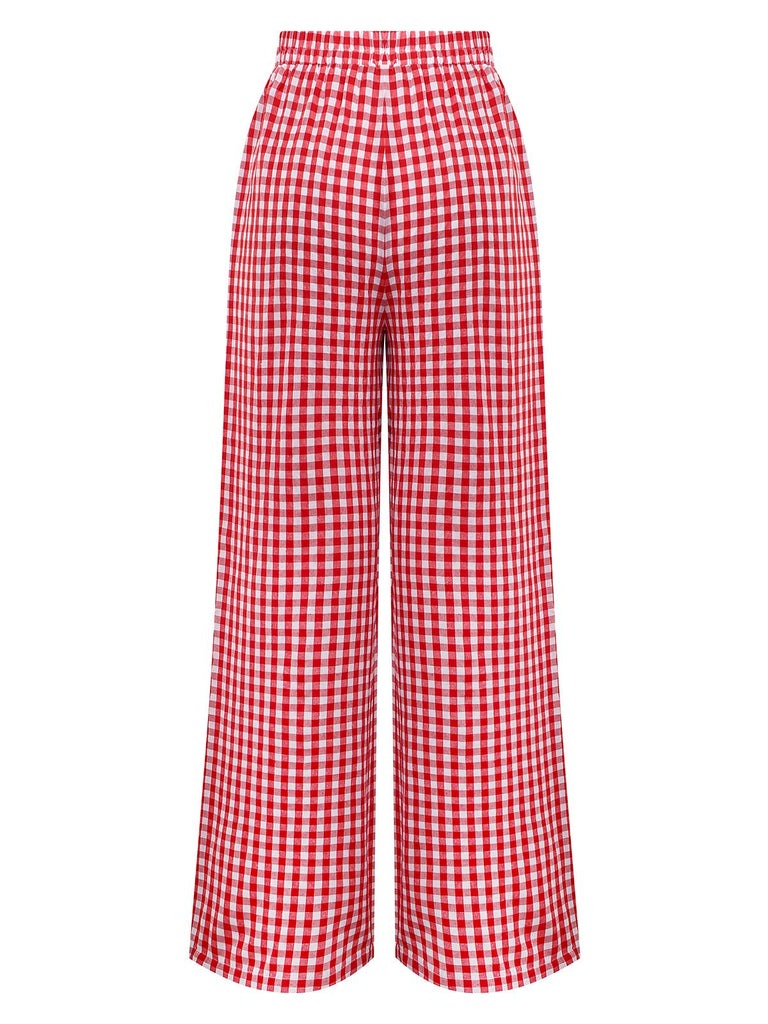Red 1980s Plaid Casual Style Palazzo Pants - vintage fashion, retro style, elegant red