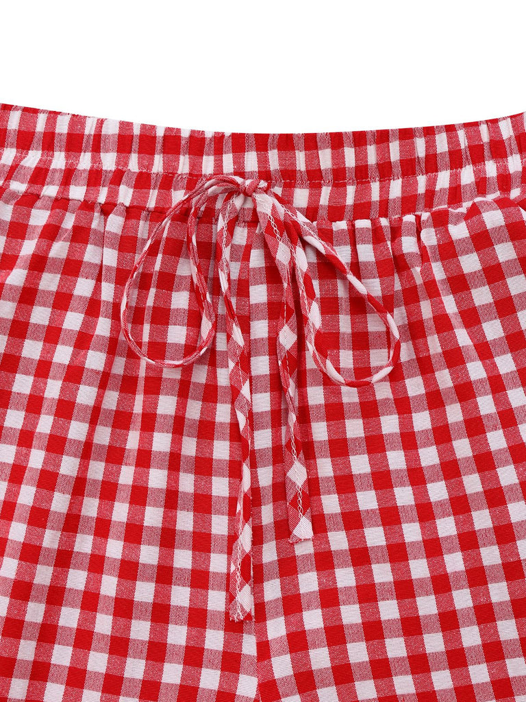 Red 1980s Plaid Casual Style Palazzo Pants - vintage fashion, retro style, elegant red