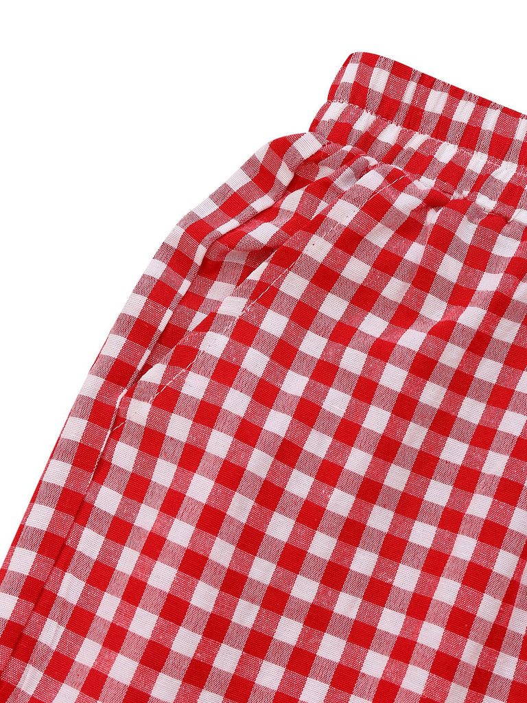 Red 1980s Plaid Casual Style Palazzo Pants - vintage fashion, retro style, elegant red