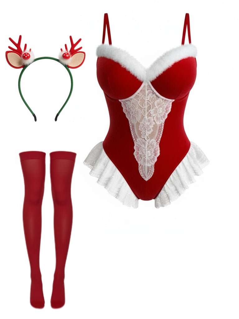 Red 1980s Reindeer Lace Christmas Lingerie Set | Retro Stage Red 1980s Reindeer Lace Christmas Lingerie Set | Retro Stage