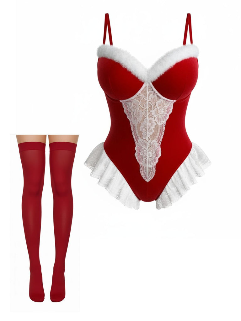 Red 1980s Reindeer Lace Christmas Lingerie Set | Retro Stage Red 1980s Reindeer Lace Christmas Lingerie Set | Retro Stage
