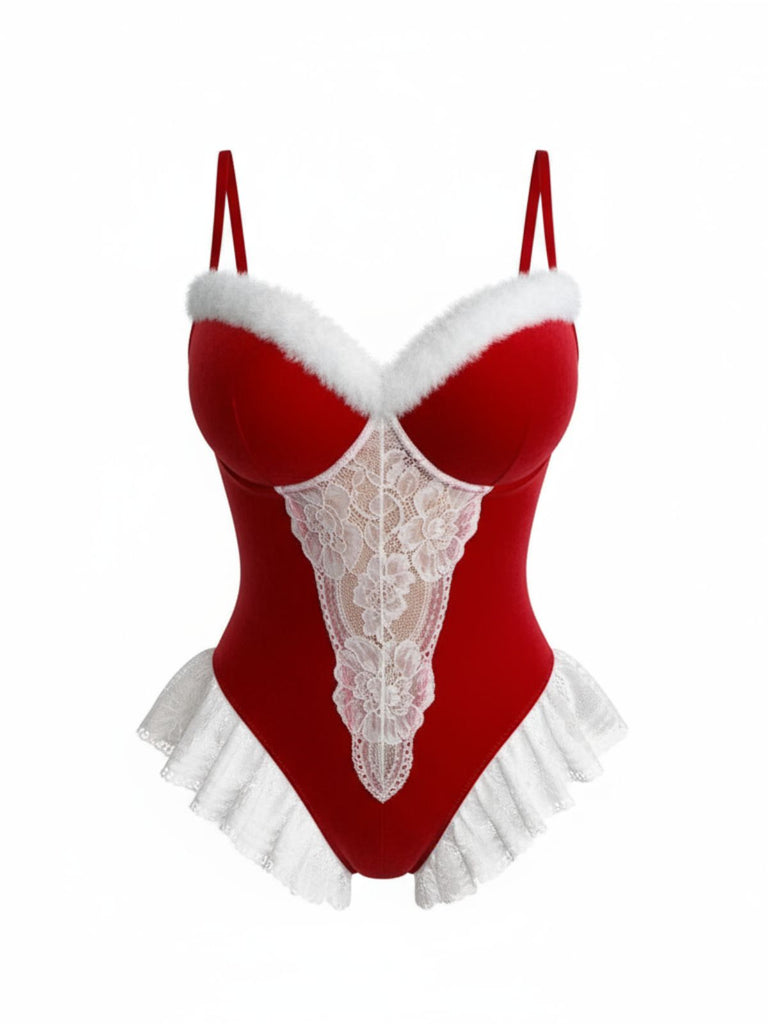 Red 1980s Reindeer Lace Christmas Lingerie Set | Retro Stage Red 1980s Reindeer Lace Christmas Lingerie Set | Retro Stage