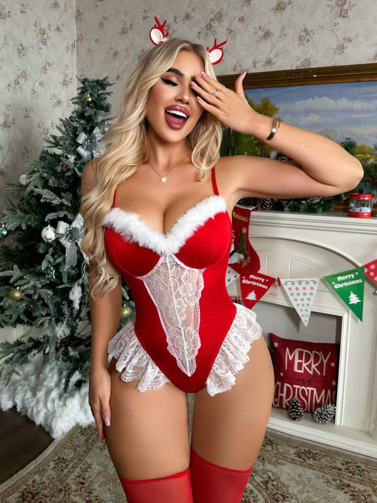 Red 1980s Reindeer Lace Christmas Lingerie Set - vintage fashion, retro style, elegant red