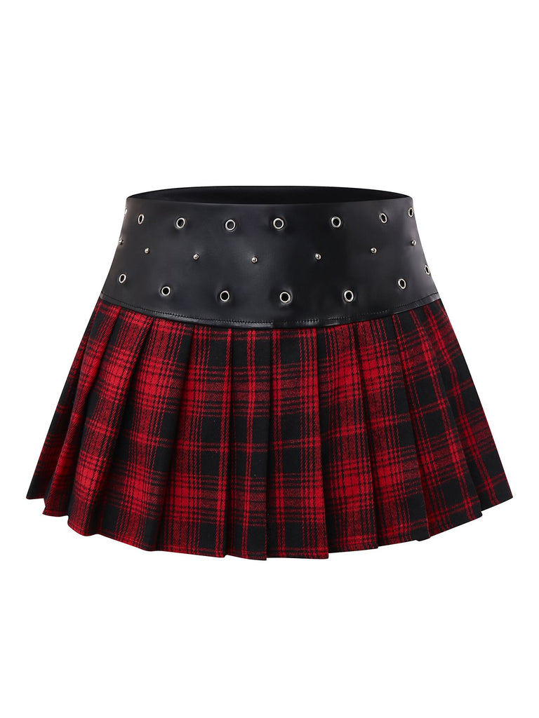 Red 1980s Steampunk Plaid Leather Pleated Skirt - vintage skirt, retro style, elegant red