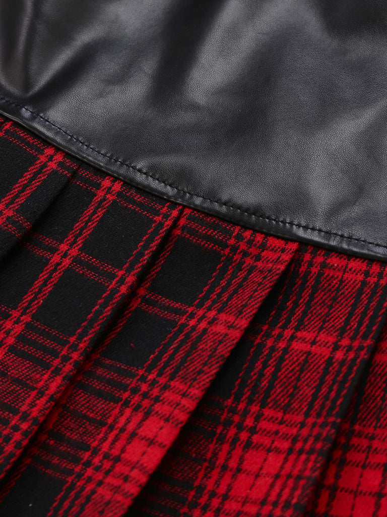 Red 1980s Steampunk Plaid Leather Pleated Skirt - vintage skirt, retro style, elegant red