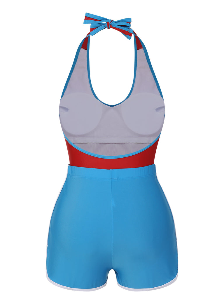 Red & Blue 1930s Solid Patchwork Swimsuit Set, vintage swimsuit, pin-up swimwear - perfect for women who love vintage and retro fashion