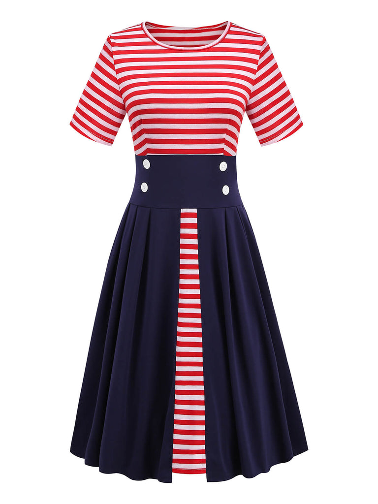 Red & Blue 1970s Stripe Patchwork Swing Dress Red & Blue 1970s Stripe Patchwork Swing Dress
