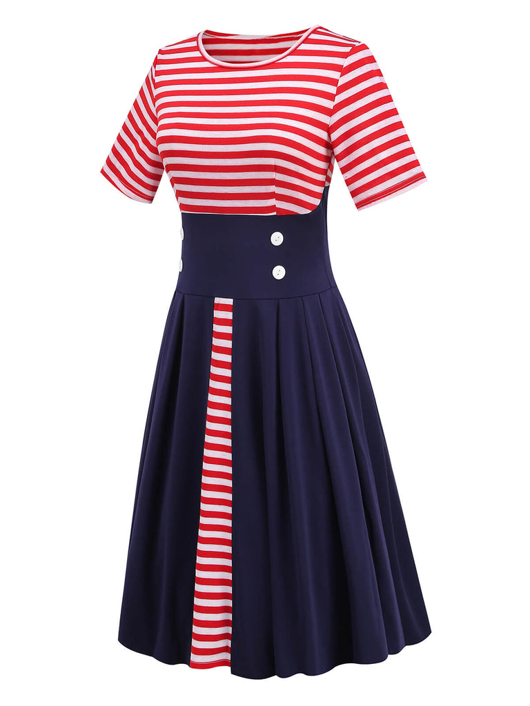 Red & Blue 1970s Stripe Patchwork Swing Dress: where 1970s romance meets her modern spirit