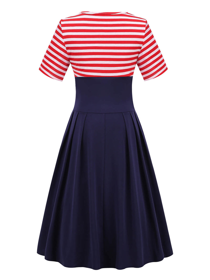 Women's Nautical Stripe Patchwork Swing Dress 4th of July Outfits Red & Blue