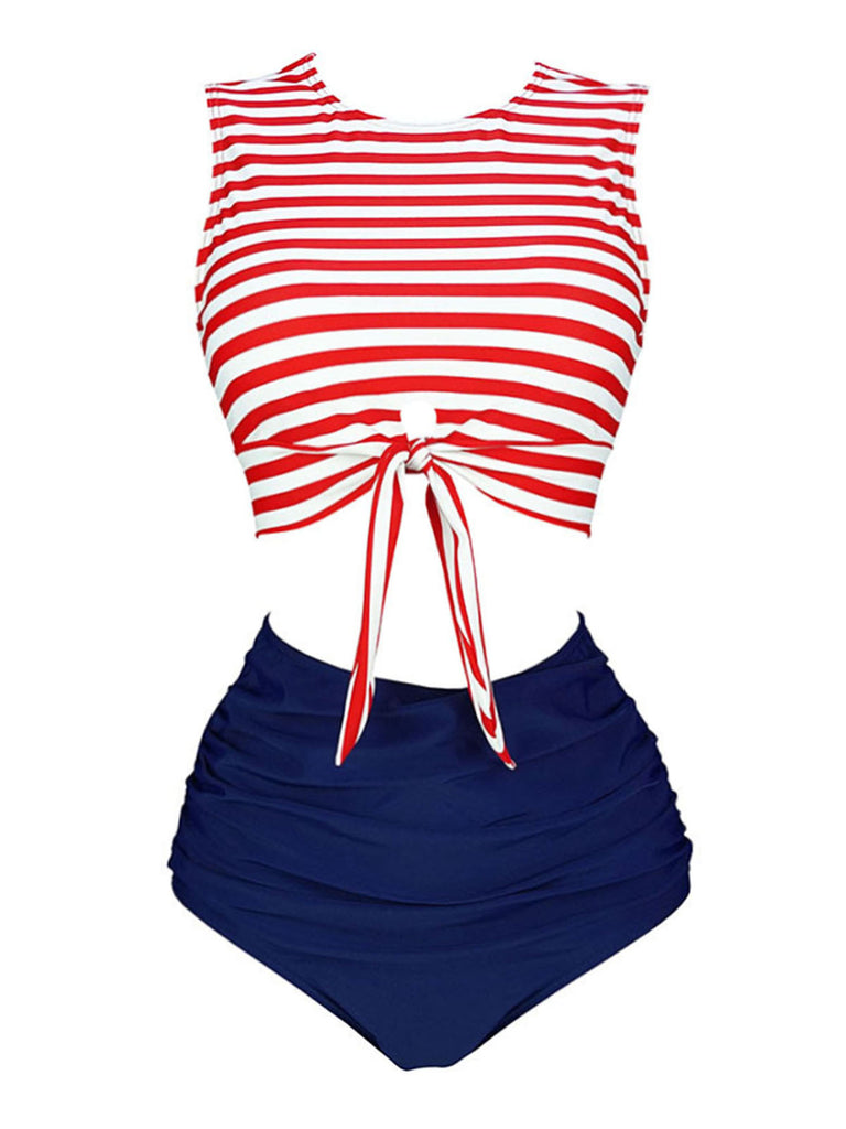 Red & Blue 1970s Striped Waist Tie Patchwork Swimsuit, classic vintage style summer beach collection - Image 1