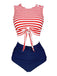 Red & Blue 1970s Striped Waist Tie Patchwork Swimsuit, classic vintage style summer beach collection - Image 1
