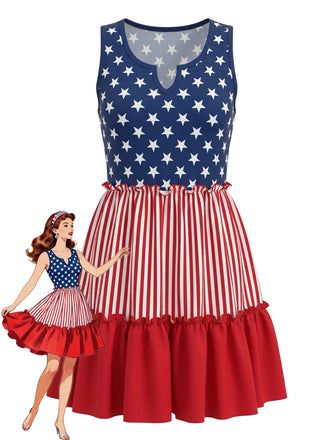 红蓝白拼色 1940s Print Vintage Sleeveless Dress