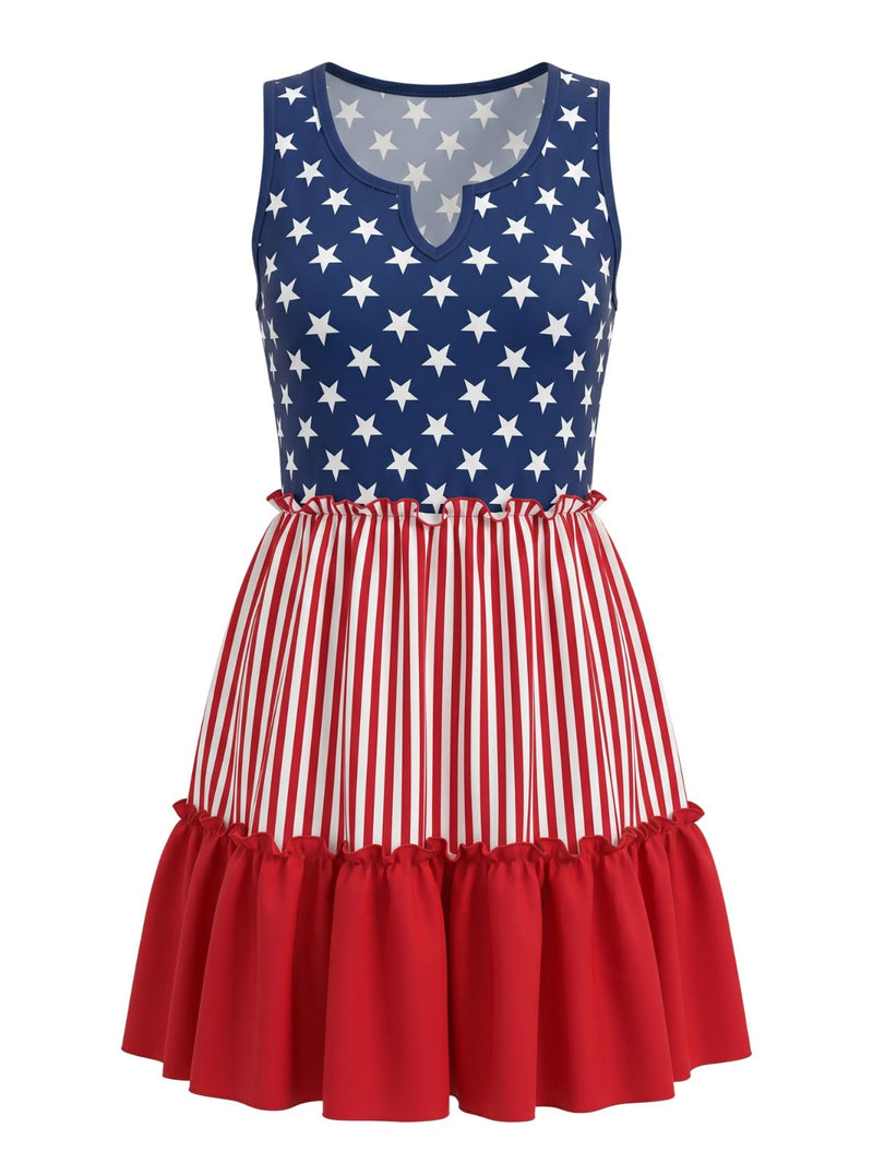 4th of July Outfits Women's Patriotic Star Stripe Sleeveless Ruffle Swing Dress