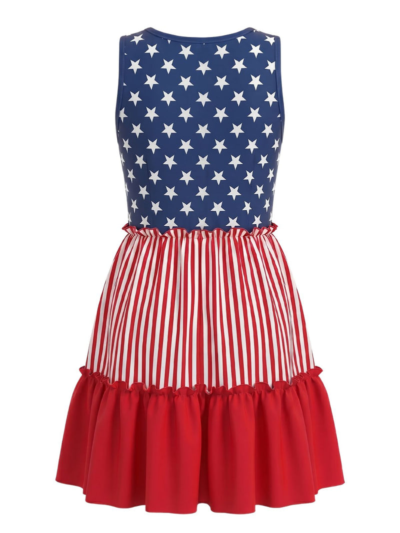 red white and blue womens dresses Red & Blue 1940s Patriotic Star Stripe Sleeveless Ruffle Swing Dress