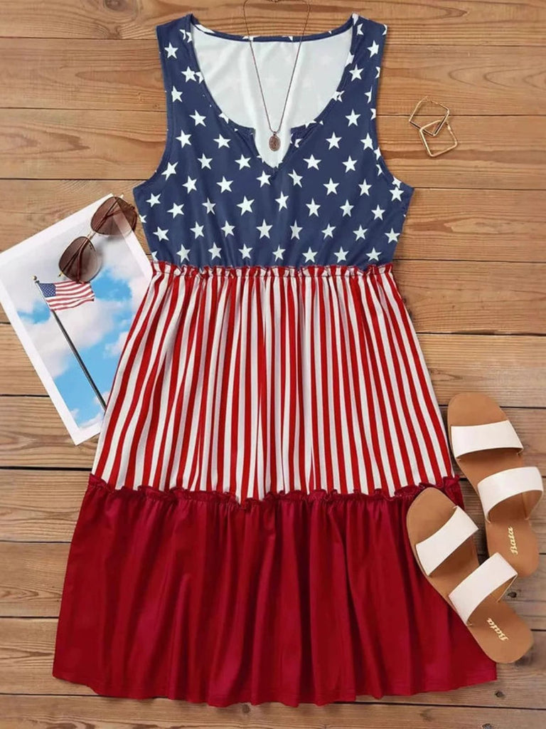 red white and blue womens dresses 4th of July Outfits Women's Patriotic Star Stripe Sleeveless Ruffle Swing Dress