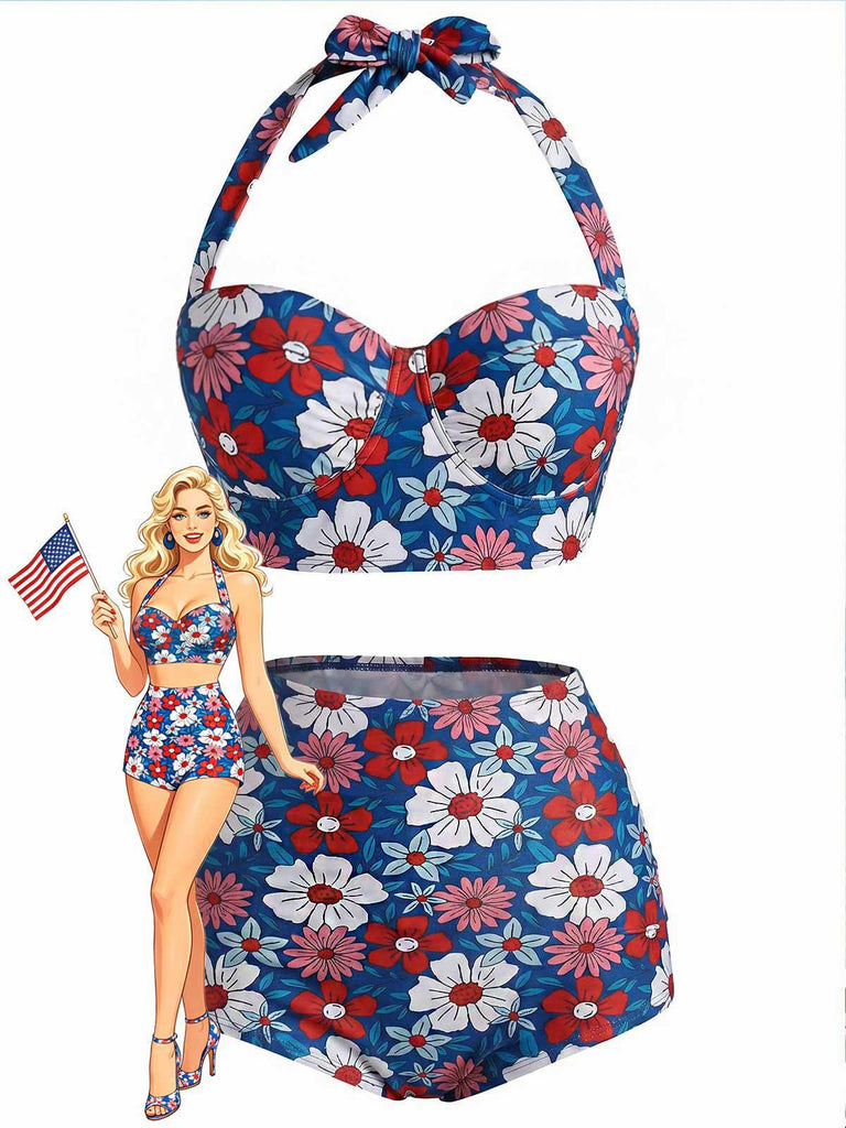 [Pre-Sale] Red & Blue & White 1950s Floral Halter Bikini Set, vintage swimsuit, pin-up swimwear - perfect for women who love vintage and retro fashion
