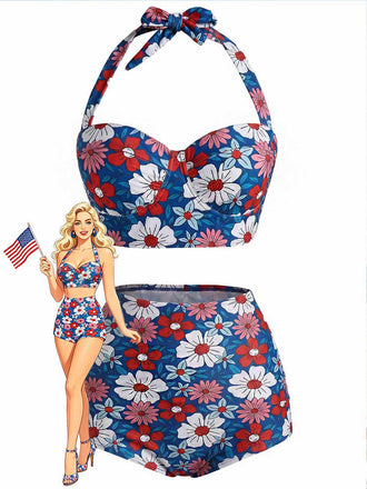 [Pre-Sale] Red & Blue & White 1950s Floral Halter Bikini Set, vintage swimsuit, pin-up swimwear - perfect for women who love vintage and retro fashion