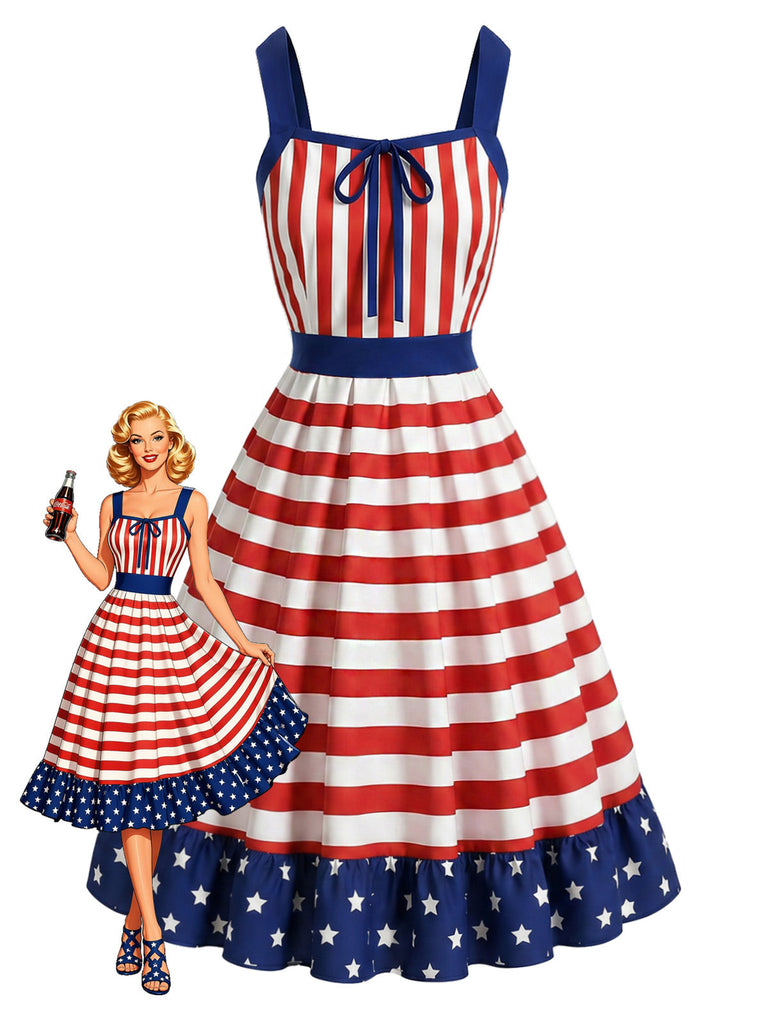 [Pre-Sale] Red Blue & White 1950s Striped Patchwork Dress, vintage dress, retro fashion, rockabilly, pin-up fashion - perfect for women who love vintage and retro fashion
