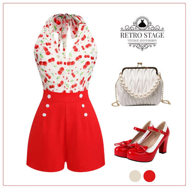 Red Cherry V-Neck Halter Lace-Up Romper: timeless style reimagined