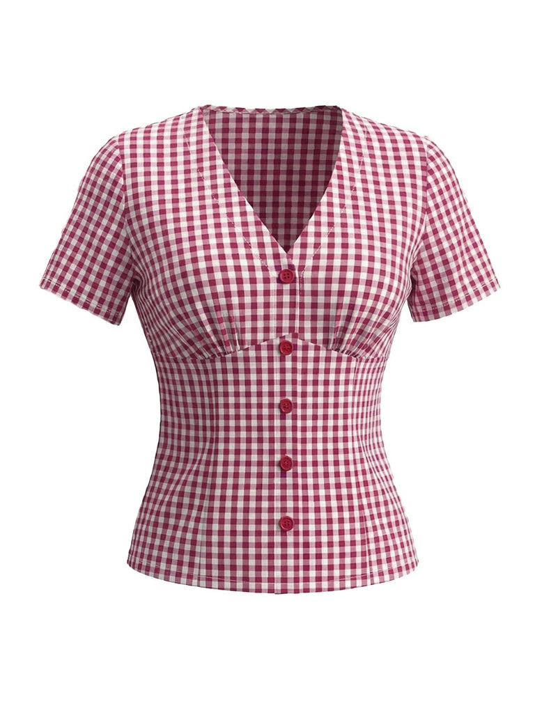 Vintage red gingham V-neck fitted blouse in 1950s cotton style for retro casual wear