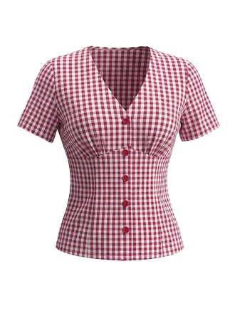 Vintage red gingham V-neck fitted blouse in 1950s cotton style for retro casual wear
