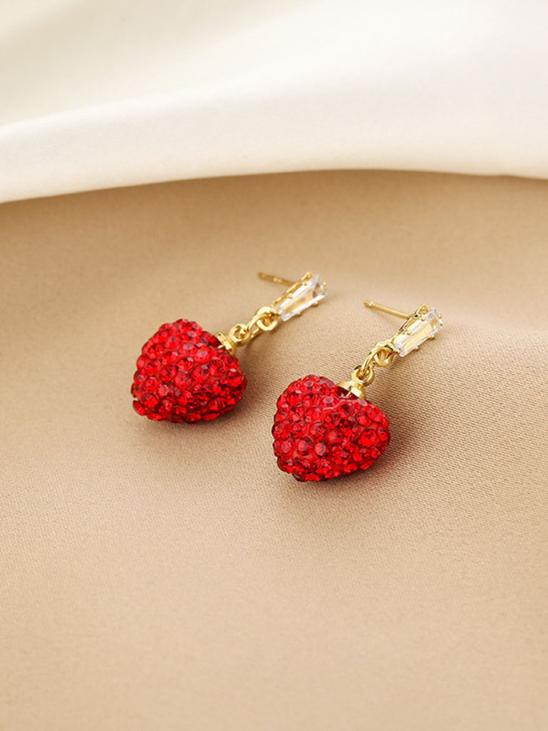 Red Crystal Heart Drop Earrings - vintage fashion, retro style, elegant red