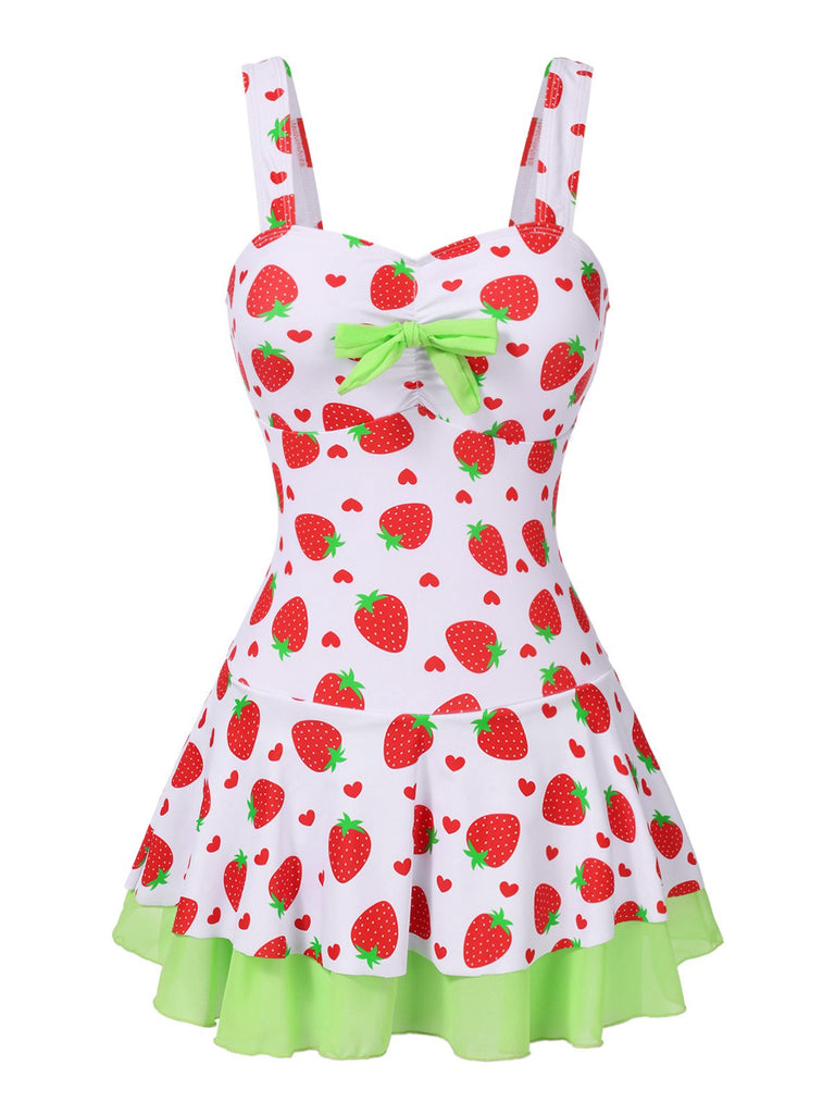 Retro Stage Strawberry Bow Swim Dress Red & Green Retro Stage Strawberry Bow Swim Dress Red & Green