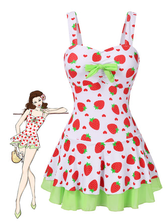 She slips into this Red & Green 1940s Strawberry Bow Swim Dress and suddenly it's a 1940s daydream