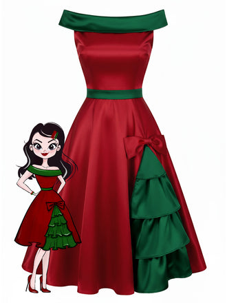 She slips into this Red & Green 1950s Chrismtas Tree Off-Shoulder Dress and suddenly it's a 1950s daydream