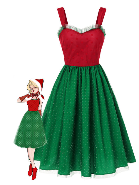 Red Green Christmas Polka Dot Swing Dress