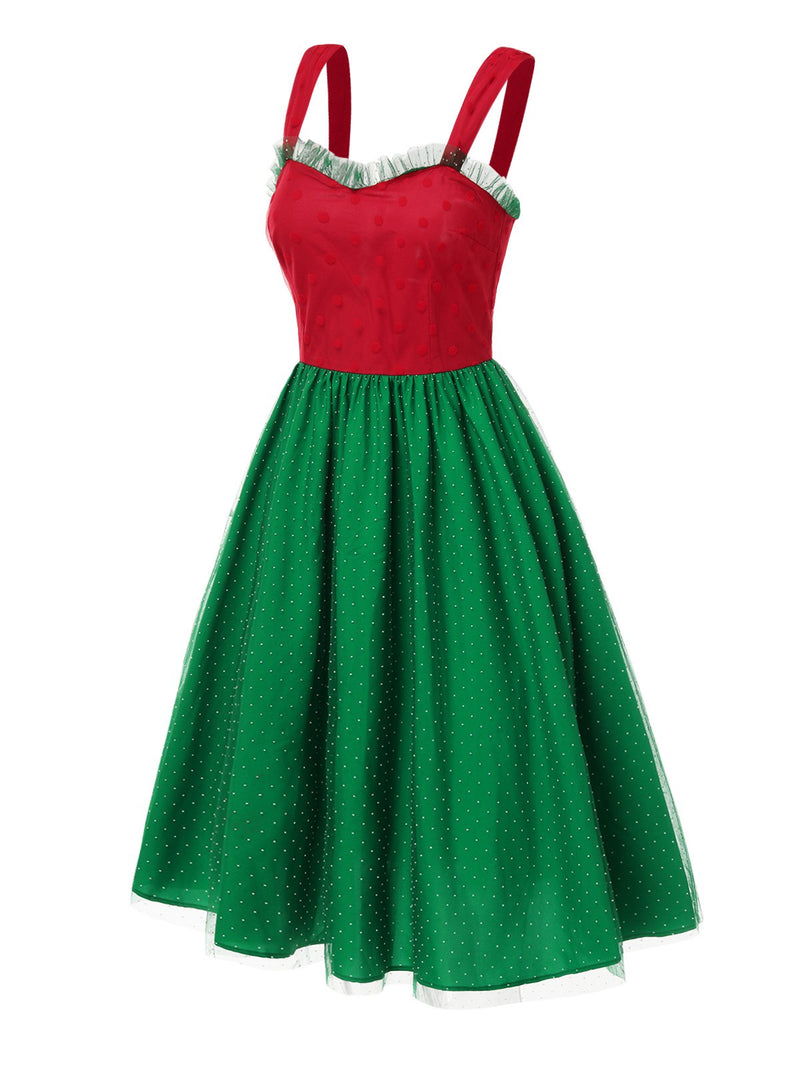 Red & Green 1950s Christmas Polka Dots Dress | Retro Stage