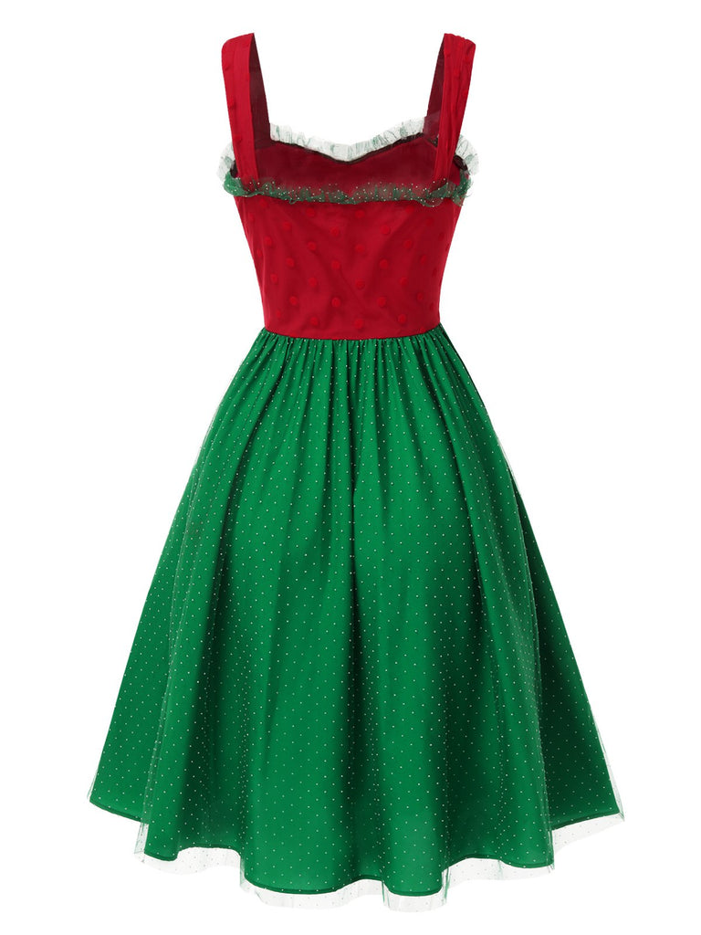 Red & Green 1950s Christmas Polka Dots Dress — a 1950s silhouette that turns sidewalks into runways
