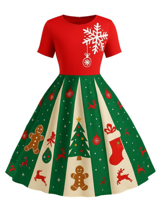 Red & Green 1950s Christmas Snowflake Swing Dress - vintage dress, retro fashion, rockabilly