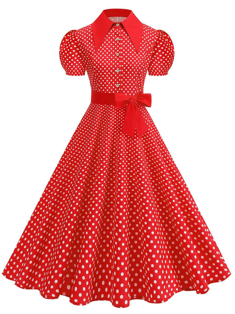 Vintage polka dot belted swing dress with shirt collar in classic 1950s retro style