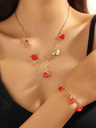 Red Valentine's Rose Heart Lips Necklace & Bracelet Set - vintage fashion, retro style, elegant red