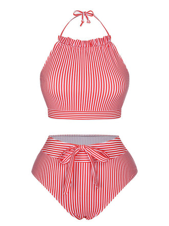 She's wearing Red & White 1930s Striped Knot Halter Swimsuit and the whole beach remembers the 1930s
