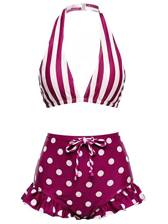 Red & White 1940s Striped Halter Polka Dot Ruffled Swimsuit, vintage swimsuit, pin-up swimwear - perfect for women who love vintage and retro fashion