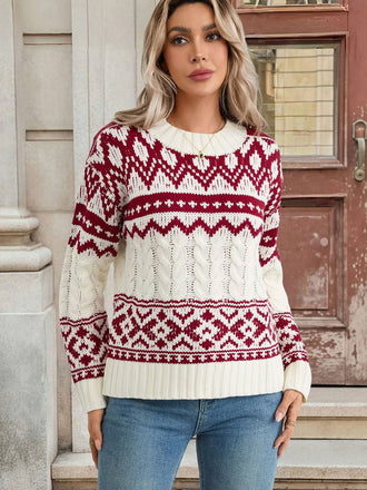 Red & White 1950s Christmas Fair Isle Knit Sweater - vintage fashion, retro style, elegant red