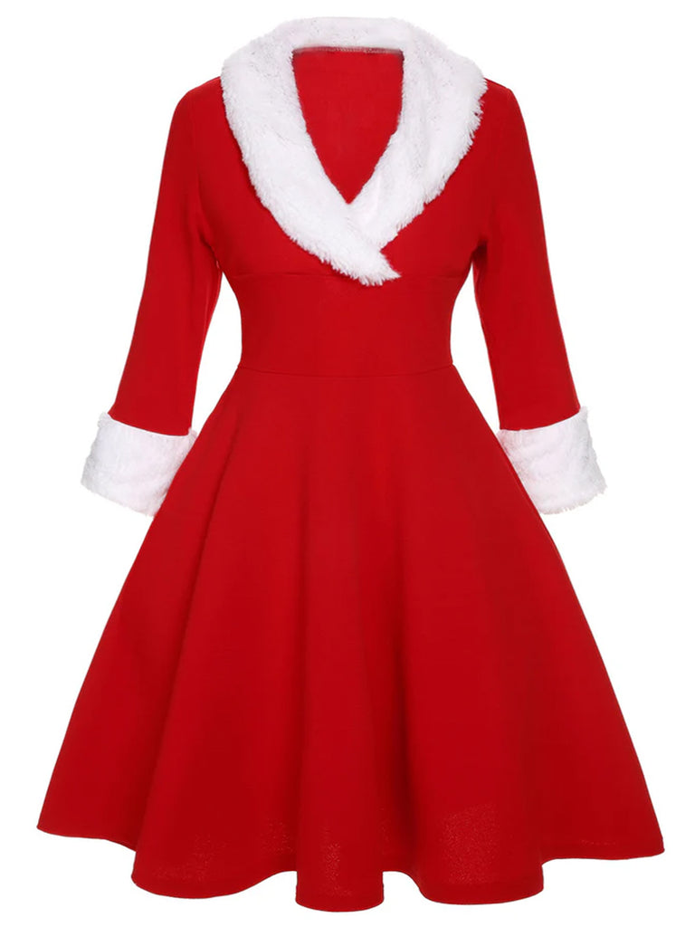 Plus Size Christmas Santa Claus Costume Red & White Faux Fur Lapel Dress