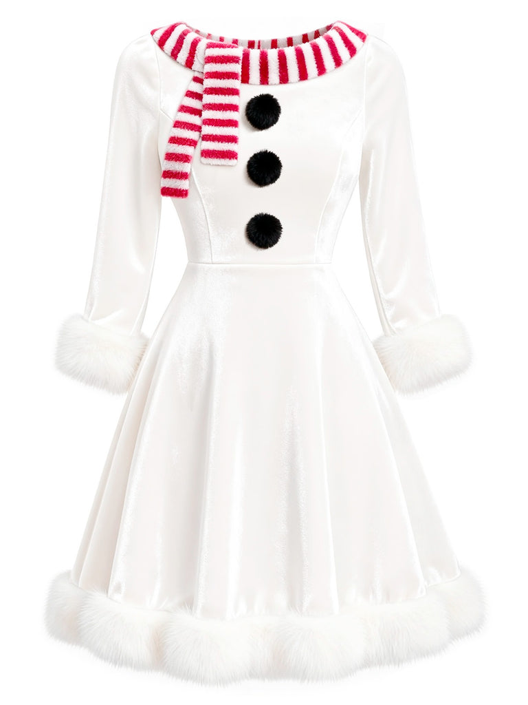 Snowman Costume Dress | 2026 New White Faux Fur Trim A-Line Dress | Red Stripe Scarf Neckline & Black Button Appliqus Snowman Costume Dress | 2026 New White Faux Fur Trim A-Line Dress | Red Stripe Scarf Neckline & Black Button Appliqus