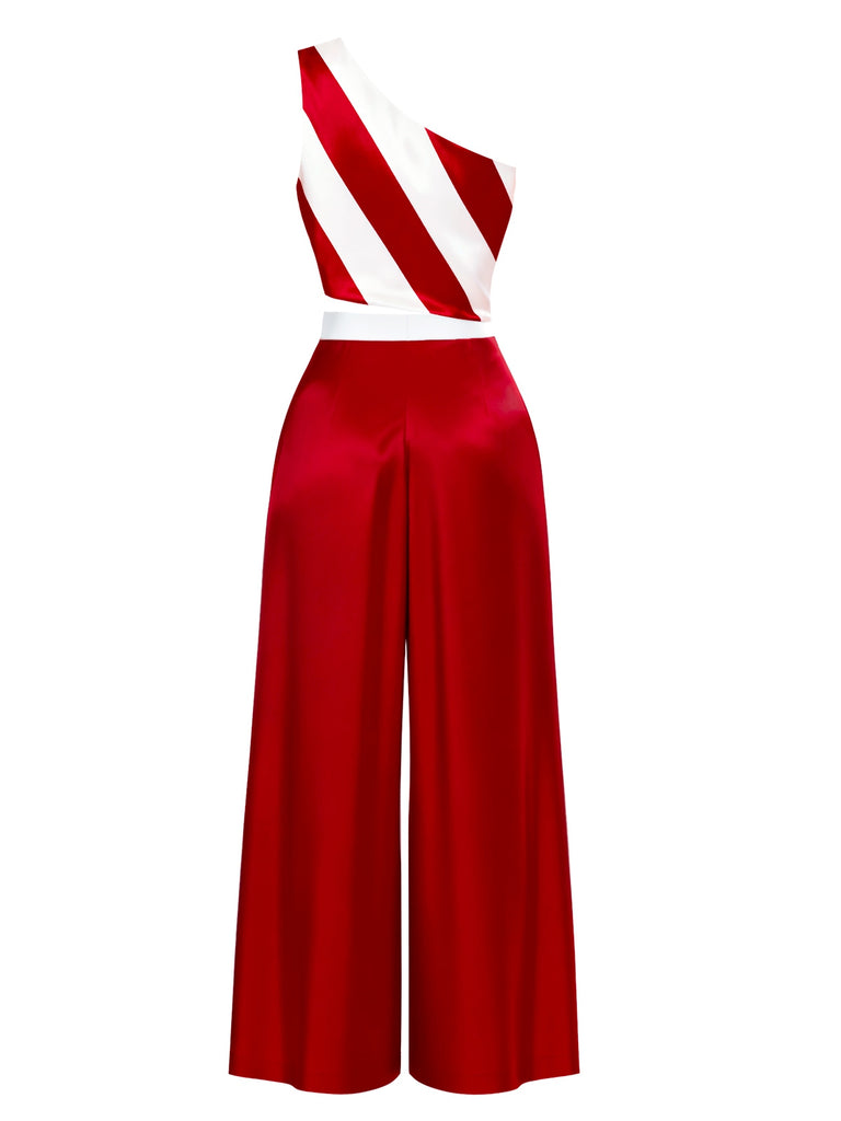 Red & White 1960s One-Shoulder Stripes Jumpsuit - vintage jumpsuit, retro fashion, elegant red
