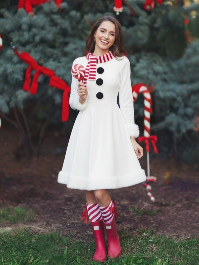 Red & White Christmas Snowman Velvet Dress