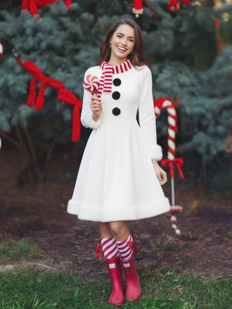 Red & White Christmas Snowman Velvet Dress - vintage dress, retro fashion, elegant red