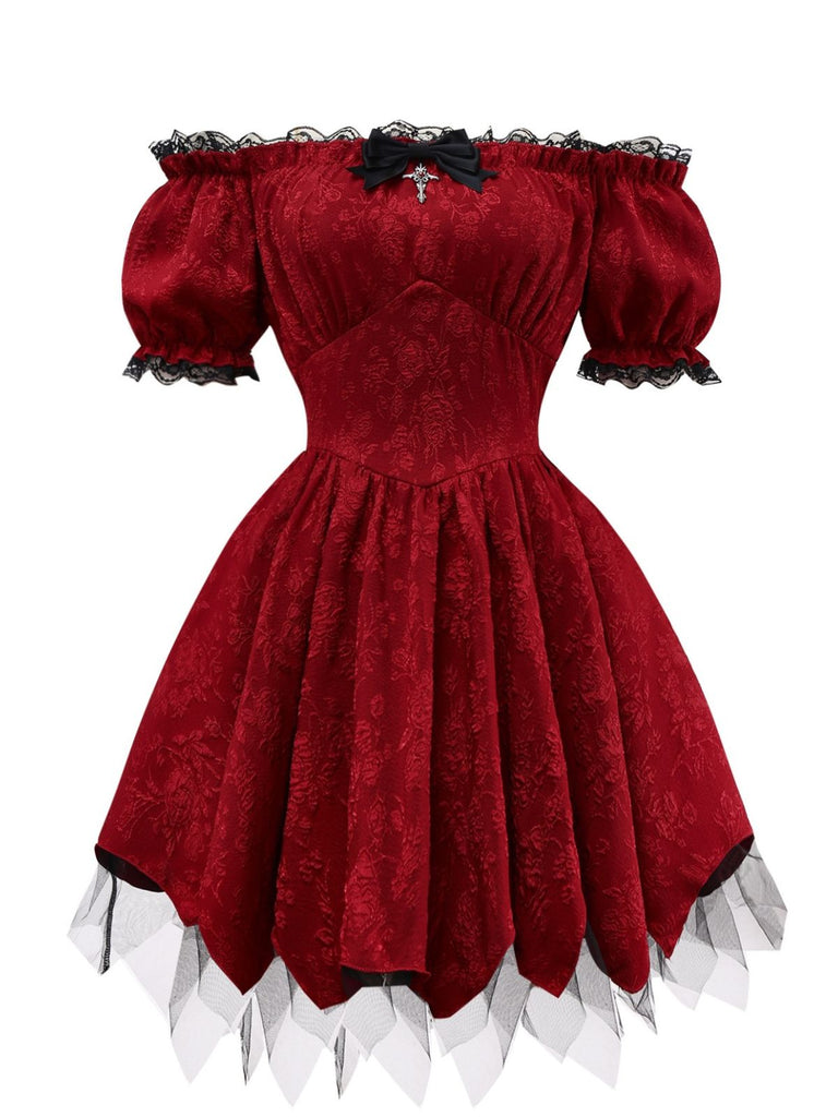 red goth dress Gothic Off Shoulder Lace Bow Puff Sleeve Jacquard A-line Midi Dress Red