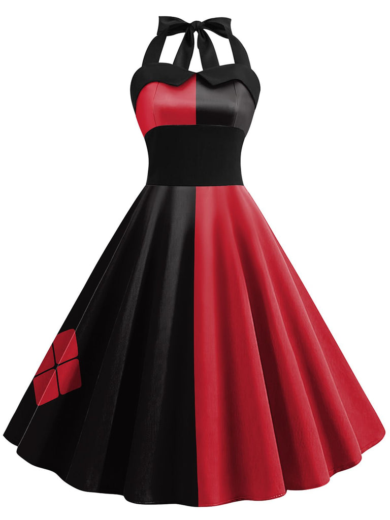 She slips into this Red&Black 1950s Solid Halter Dress and suddenly it's a 1950s daydream